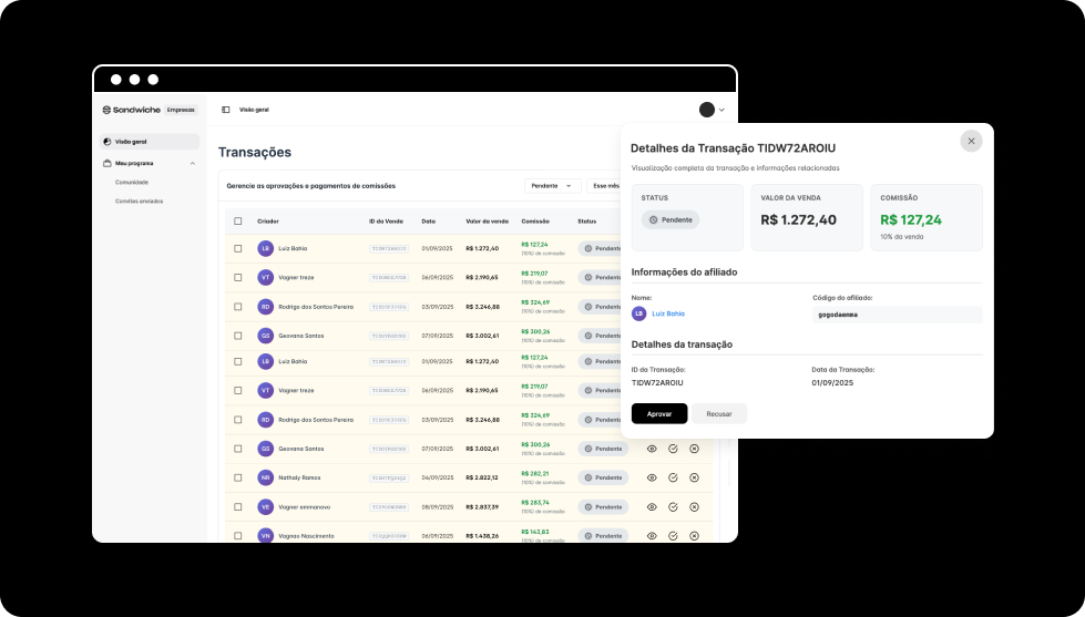 Conciliação e aprovação de transações de afiliados no e-commerce com controle de comissões
