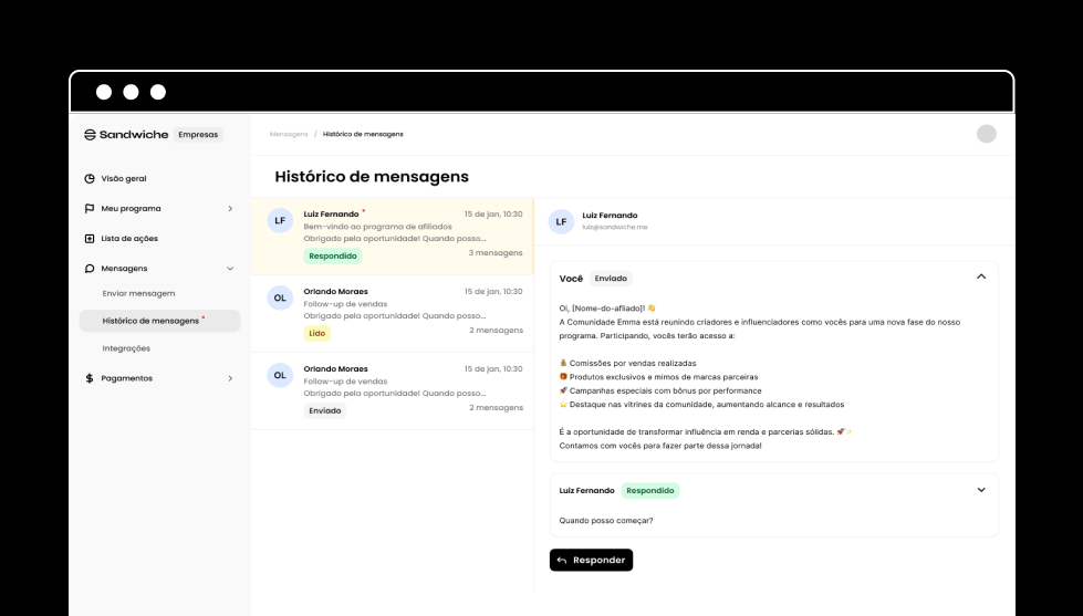 Screenshot do histórico de conversas unificado mostrando timeline cronológica de mensagens trocadas com diferentes creators, com filtros por data e status de leitura