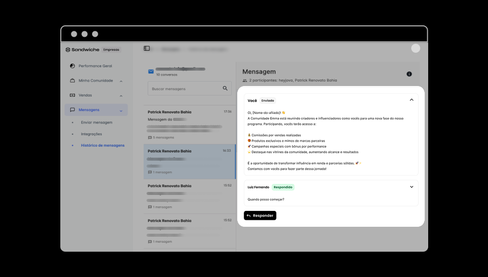 Screenshot da interface de conversa individual mostrando thread de mensagens com um creator específico, campo de resposta com formatação de texto e opções de anexo