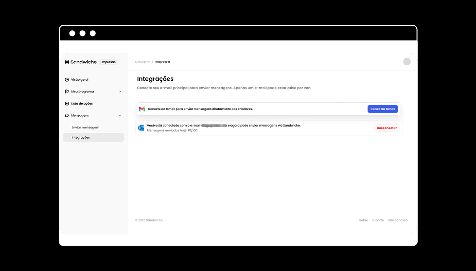 Screenshot da tela de configuração de integração de e-mail mostrando opções para conectar Gmail, Outlook e outros provedores de e-mail com configurações de domínio personalizado