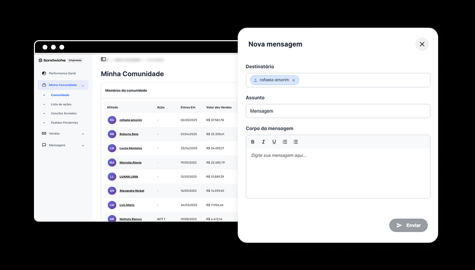 Screenshot da interface de ações rápidas na lista de membros mostrando opções de clique para 'Enviar mensagem', 'Ver perfil' e outras ações de gestão integradas